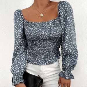 Shein Curve Floral Blouse Long puff sleeves fitted cropped Top Size 2X